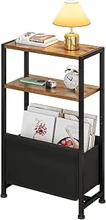 KZOBYD 7" Narrow Side Table, Slim End Tables with Storage Shelf and Fabric Basket, Thin Sofa Side Table with Wood Tabletop, Skinny Snack Couch Table for Small Spaces
