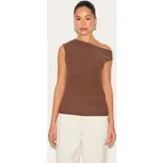Chocolate Textured Double Layer Asymmetric Neckline Long Top, Chocolate