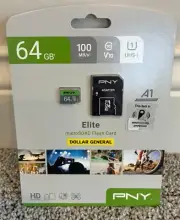 PNY Elite-X 64GB Micro SD Card, MicroSDXC, A1, V30, Class 10, 100MB/S - Pack 1