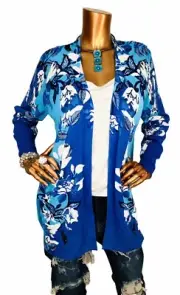 Chico’s 2 or L NWT $109 Cardigan Lite Sweater Floral Stretch Azure Blue White