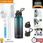 Double Wall Vacuum Insulated 40oz Water Bottle with Straw and 3 Versatile Caps
