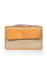Beige Coated Canvas & Leather Clutch