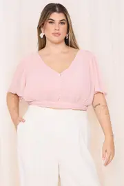 Pink Plisse Top Short Sleeve Tie Back Chiffon