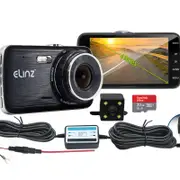 Elinz Dash Cam Dual Camera Reversing Recorder Car DVR Video FHD 1296P 4" LCD Hardwire Kit 32GB