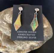 Native Minimalist Navajo Pava Shell Inlay Sterling Silver Earrings 1" 13070