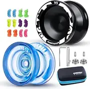 MAGICYOYO Pack 2 Responsive Yoyos for Kids Beginners, Pro Yoyo Pack, Trick V3 + Cystal K2 with 12 Strings, Holes Case Bag, Yo-Yo Accessory Kit (V3 Black + K2 Blue), V3 Black + K2 Crystal Blue