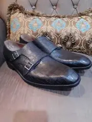New Handmade Men's Black Cowhide Crocodile Embossed Chisel Toe Double Monk Shoes