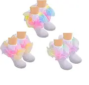 [Hopply] Toddler Girls Double Lace Socks Turn Cuff Shimmering Big Ruffle Rainbow Style Dress Lace Socks for Infant Kids