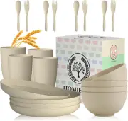 20PCS Wheat Straw Dinnerware Livingware Set, Lightweight Beige Plates Bowls Cups
