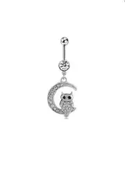 Surgical Steel Silver Belly Button Jewelry With Owl and Quarter Moon Dangle