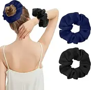 Silk Scrunchies for Women, 100% Mulberry Silk Hair Ties, Extra Large Scrunchie for Sleep, No Damage for Curly Thick Thin Hair Hair, 2-Pack, Dark Navy Blue/Balck, xxl