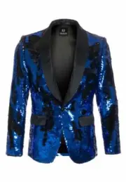 Mens Formal Slim Wedding Prom Reversible Royal/Black Sequin Blazer Tuxedo Jacket