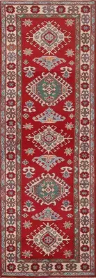 Geometric Handmade Red Kazak Oriental Runner Rug 3x10 Ft Traditional Wool Carpet