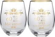 COFOZA Set of 2 60th Wedding Anniversary Wine Glasses Tumblers Mr Right Mrs Always Right 60 Years Anniversary Cups Present for Couples Parents Gifts