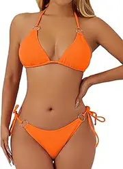 [swimall] Women's Bikini Set Sexy Halter Triangle Bikini Swimsuit with Metal Ring Tie Side Cute Two Piece Bathing Suit, 425 - Orange, Large