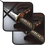 2 Pack Pot Holders for Kitchen Heat Resistant Potholders Japan Samurai Sword Pot Holders Set Washable Hot Pads with Loop Non Slip Potholders for Cooking Baking BBQ Microwave 8 x 8 Inch