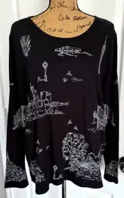Chico's Top Long Sleeve Boat Neck Embroidered Whimsy Tee New York Black 3 XL