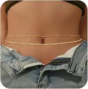[KAERUN] 2PCS 18K Gold Plated Waist Chain Adjustable Layered Gold Body Chain Plus Size Pearl Cuban Paperclip Waist Beads Belly Chain Sexy Bikini Beach Jewelry for Women 25-43Inch