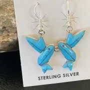 Indian Sterling Silver Blue Turquoise Humming Bird Earrings Size 1" 01424