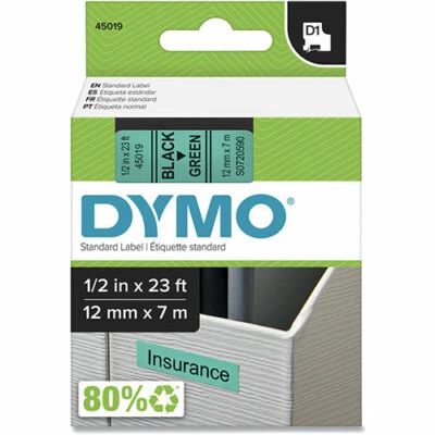 Dymo DYM45019 LabelManager 200 D1 Label Tape, 1/2" x 23 ft, Black on Green