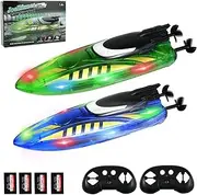 Joellfuner Remote Controlled Boat Pack of 2, RC Boat with LED Light and 2 Batteries, 2.4 GHz High Speed Racing Boat, Double-Sided Drive, Remote Controlled Boats for Children and Adults from 8 Years