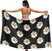 [RPLIFE] White Daisies Black Women Sarong Beach Wrap, Summer Pool Sarong Swimwear Women, Large, White Daisies Black, Medium