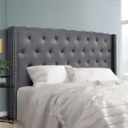 King Size Headboard Button Tufted Bedhead Faux Linen Fabric Foam Padded Grey