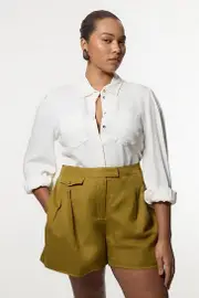 Plus Size Viscose Linen Woven Pocket Detail Short