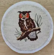 Vintage 1981 CGS Signed Needlepoint Cross Stitch OWL ON LIMB Iron On 6" Diameter