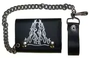 GENUINE LEATHER SEXY LADY W FLAMES TRI-FOLD WALLET W SNAP ON CHAIN GI662 biker