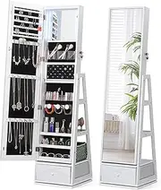 Nicetree 360° Swivel Jewelry Cabinet with Lights, Touch Screen Vanity Mirror, Rotatable Full Length Mirror with Jewelry Storage, Standing Jewelry Armoire Organizer, Foldable Makeup Shelf, White