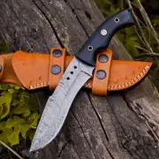 Handcrafted Damascus Steel Knife with Full Tang Handle and Leather Sheath