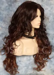 Full Human Hair Blend Wig Long Curly Heat OK Ombre Auburn Mix Bangs RBBT 23033