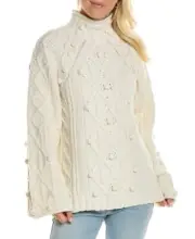 REBECCA TAYLOR Bauble Turtleneck Merino Wool Blend Sweater Beige Pullover L NEW