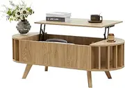 [Janmer Home] 47.3" Lift Top Coffee Table with Hidden Storage, Small End Table with Curved Edge Design, Oval Center Table with Lift Tabletop for Living Room, Office (Natural)