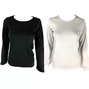 New Women's Merino Wool Top Classic Crew Neck Long Sleeve Thermal Top White/Blac