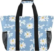 [sanluoli] Beach Tote Collapsable Large Beach Bag Water Resistant Canvas Laundry Carrying Bag, Blue Background With a White Daisies Pattern, 1 size