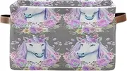 Unicorn Head Flowers Fabric Organizer Bin, Collapsible Decorative Storage Box with Handle for Home/office, Set of 2