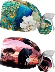 [YTYVAGT] 2-Pc,Nurse Scrub Caps,Scrub Hats with Buttons and Cotton Sweatband,Abstract Peacock Feather Tail