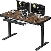 BilySen Electric Standing Desk with Drawers & USB Ports, Height Adjustable Sit Stand Desk with Power Outlets, One-Piece Wooden Tabletop