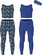 [Essenclo] Girls Athletic Leggings Yoga Pants w/Sleeveless Crop Tank Tops for Kids Workout Cheer Dance Run Sizes 3-16, 5pc Set, Set-10, 3-4