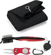 3 in 1 Golf Cleaning Kit, Microfiber Golf Towel with Carabiner, Club Club Brush, Golf Divot Repair Tool with Ball Marker, Ideal Golf Accessories