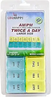 PILL BOX AM/PM LARGE WEEKLY PILL ORGANIZER BPA FREE by Lifehapps -PILL CASE WITH DAY OF THE WEEK FACING BACK TO BACK Twice a day Medication Case with 7 Day Storage for Your Daily Tablets and Vitamin