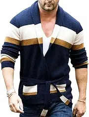 [Qolkmuiy-GJ] Men's V Neck Cardigan Belted Sweater Vintage Striped Cardigans Casual Lightweight Knitted Open Sweaters