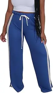 [WOKANSE] Women's High Waisted Drawstring Wide Leg Sweatpants Casual Loose Side Striped Split Hem Long Pants