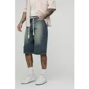 Mens Stonewash Tall Relaxed Fit Chunky Rope Belted Stone Wash Jorts