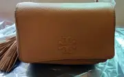 Tory Burch Flap Pebbled Leather Crossbody Bag Brown Gold