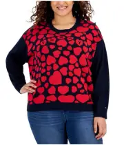 Tommy Hilfiger Womens Heart Long Sleeve Pullover Sweater, Red, Plus Size, 1X