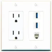 3 Port Power Outlet Cover Plug Jack UL 2 Gang PHONE 2 USB-3 Wall Plate