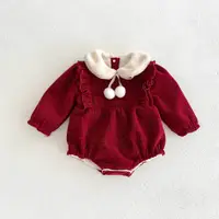 在飛比找蝦皮購物優惠-嬰兒冬天衣服女嬰新生兒刷毛紅色套裝女童毛毛領加厚公主連身衣